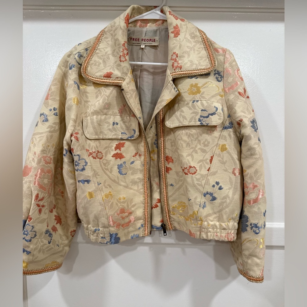 Free People Floral Bomber Jacket in Cream and Multicolor